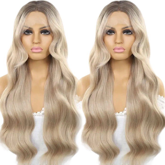 Lace Front Wig Long Blonde Higlights Human Hair Blend Lace Front Wig Body Wavy Long Blonde Front Lace Wig