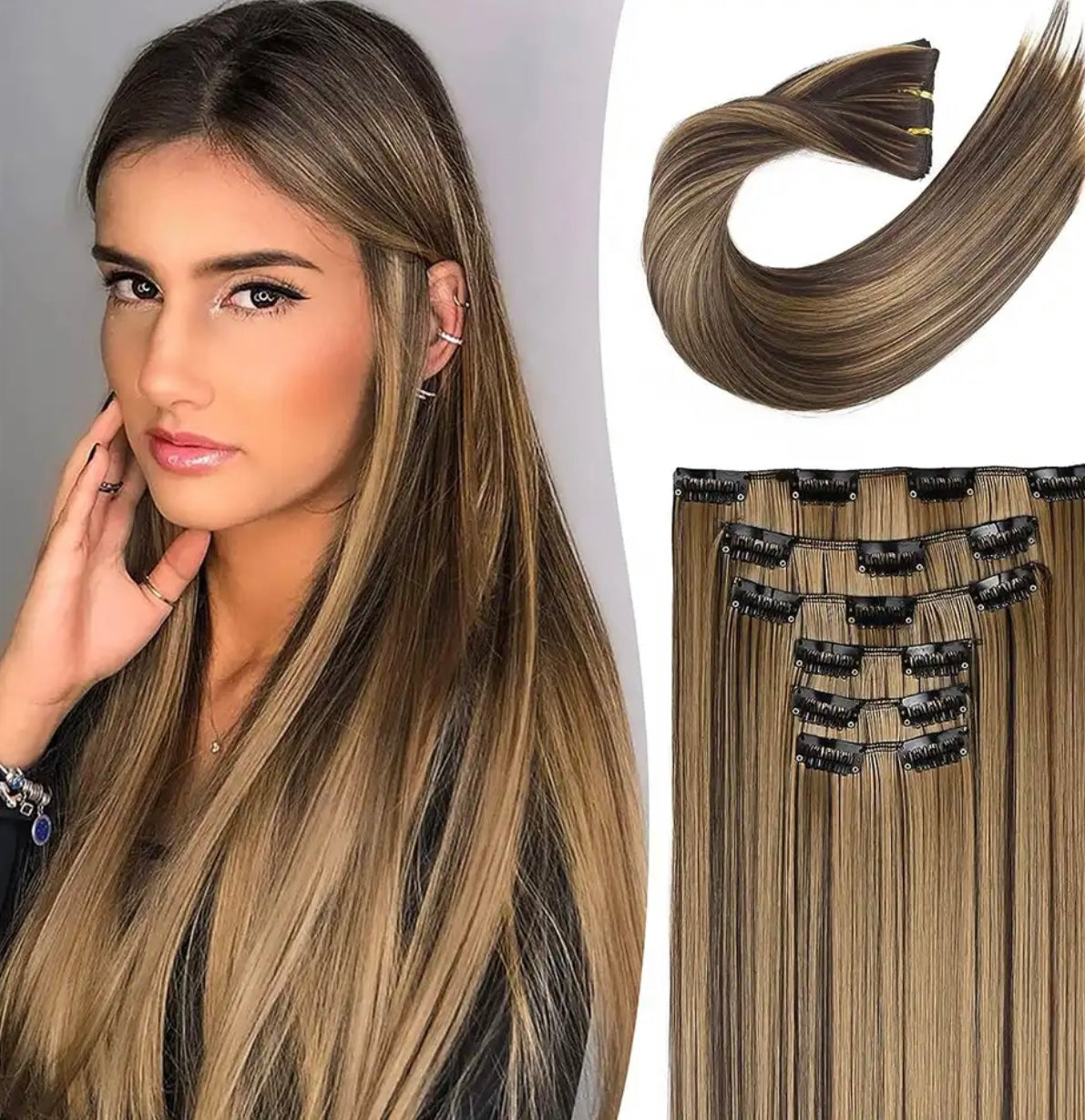 Clip-ins Extension Blonde Highlights Human Hair Blend Heat Resistant Hair Clip in Hair Extention Full Head 16 Clips/6 Pieces