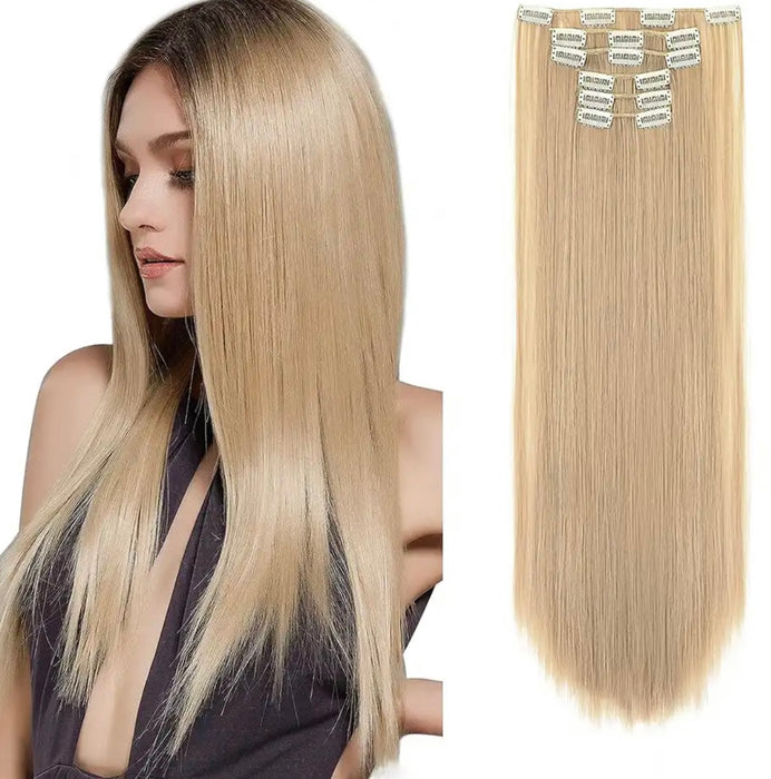 Clip-ins Extension Blonde Highlights Human Hair Blend Heat Resistant Hair Clip in Hair Extention Full Head 16 Clips/6 Pieces