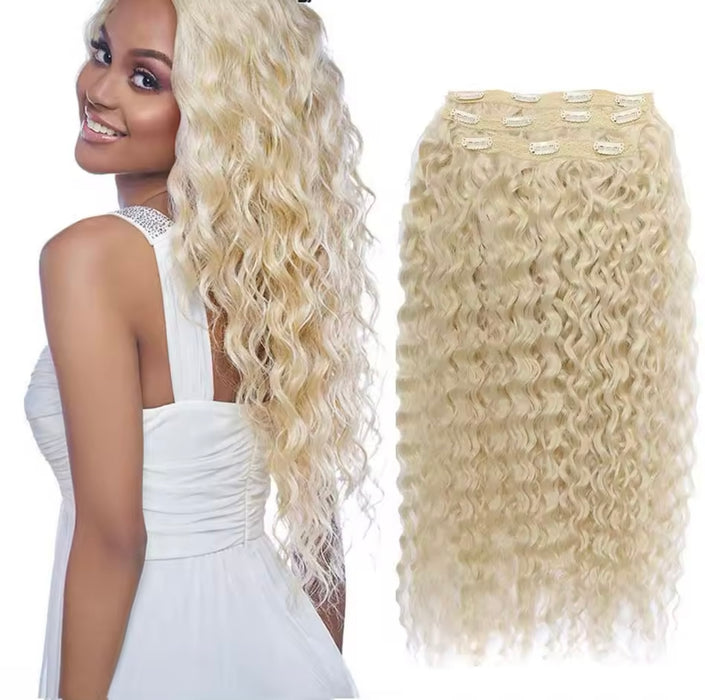 Curly Clip-In Hair Extension 4pcs Human Hair Blend Blonde Ombré Brown Full Head Hair Extensions