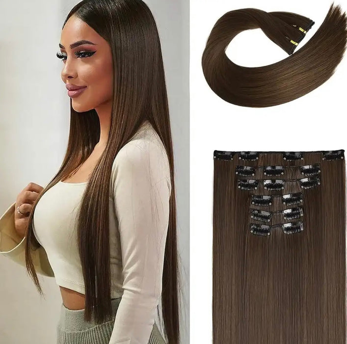 Clip-ins Extension Blonde Highlights Human Hair Blend Heat Resistant Hair Clip in Hair Extention Full Head 16 Clips/6 Pieces