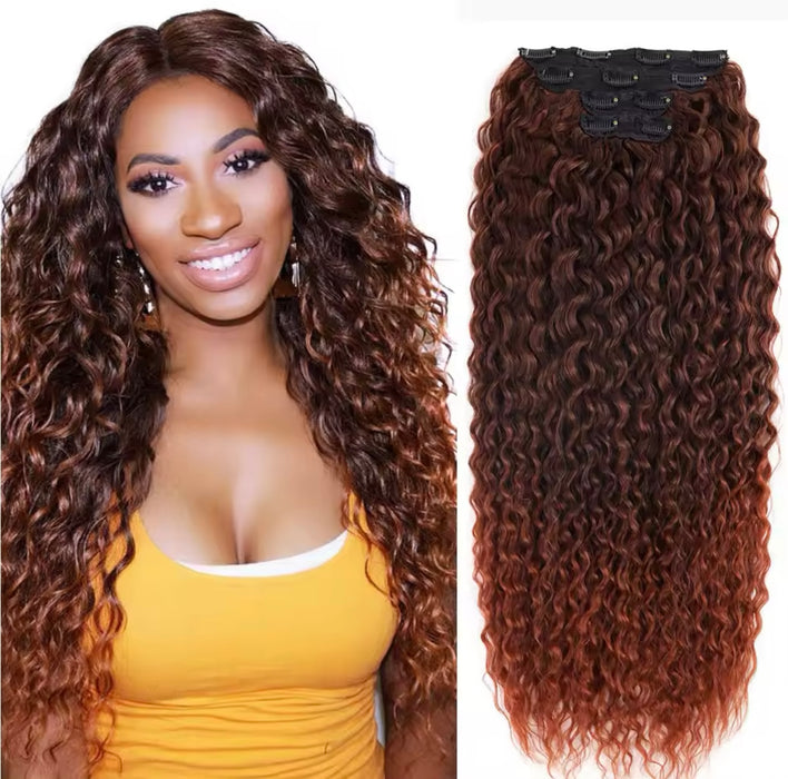 Curly Clip-In Hair Extension 4pcs Human Hair Blend Blonde Ombré Brown Full Head Hair Extensions