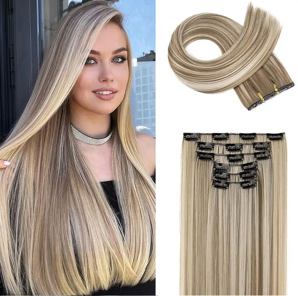 Clip-ins Extension Blonde Highlights Human Hair Blend Heat Resistant Hair Clip in Hair Extention Full Head 16 Clips/6 Pieces