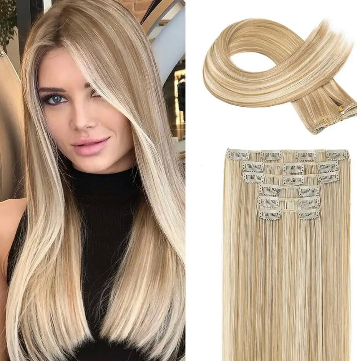 Clip-ins Extension Blonde Highlights Human Hair Blend Heat Resistant Hair Clip in Hair Extention Full Head 16 Clips/6 Pieces