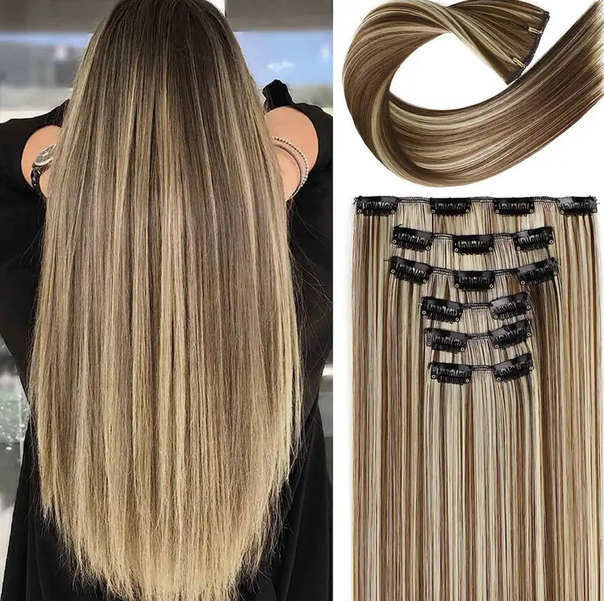 Clip-ins Extension Blonde Highlights Human Hair Blend Heat Resistant Hair Clip in Hair Extention Full Head 16 Clips/6 Pieces