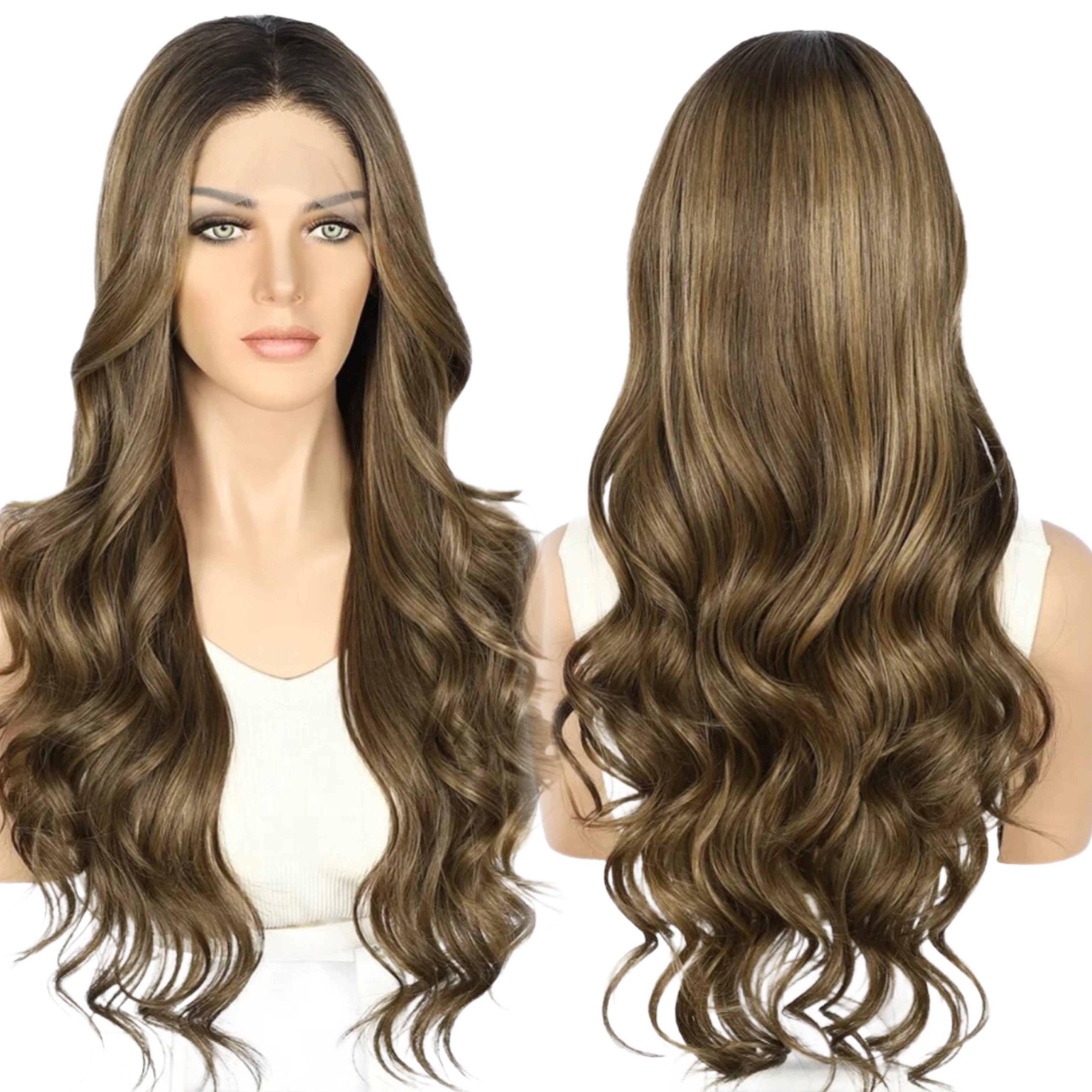 13x3 Synthetic Lace Front Wig Dark Brown Highlight Long Wavy Swiss Transparent Lace Women Daily Wear Wig