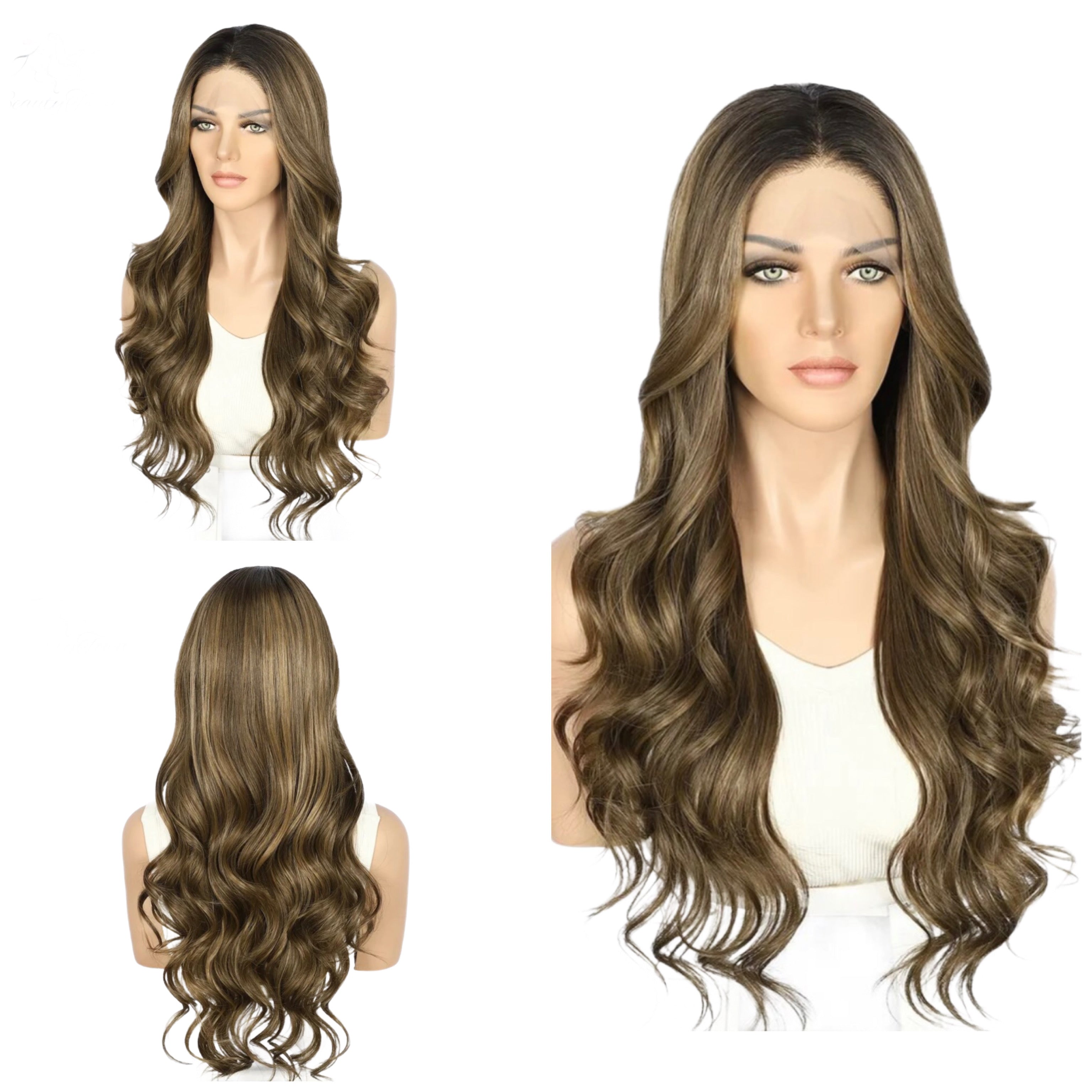 13x3 Synthetic Lace Front Wig Dark Brown Highlight Long Wavy Swiss Transparent Lace Women Daily Wear Wig