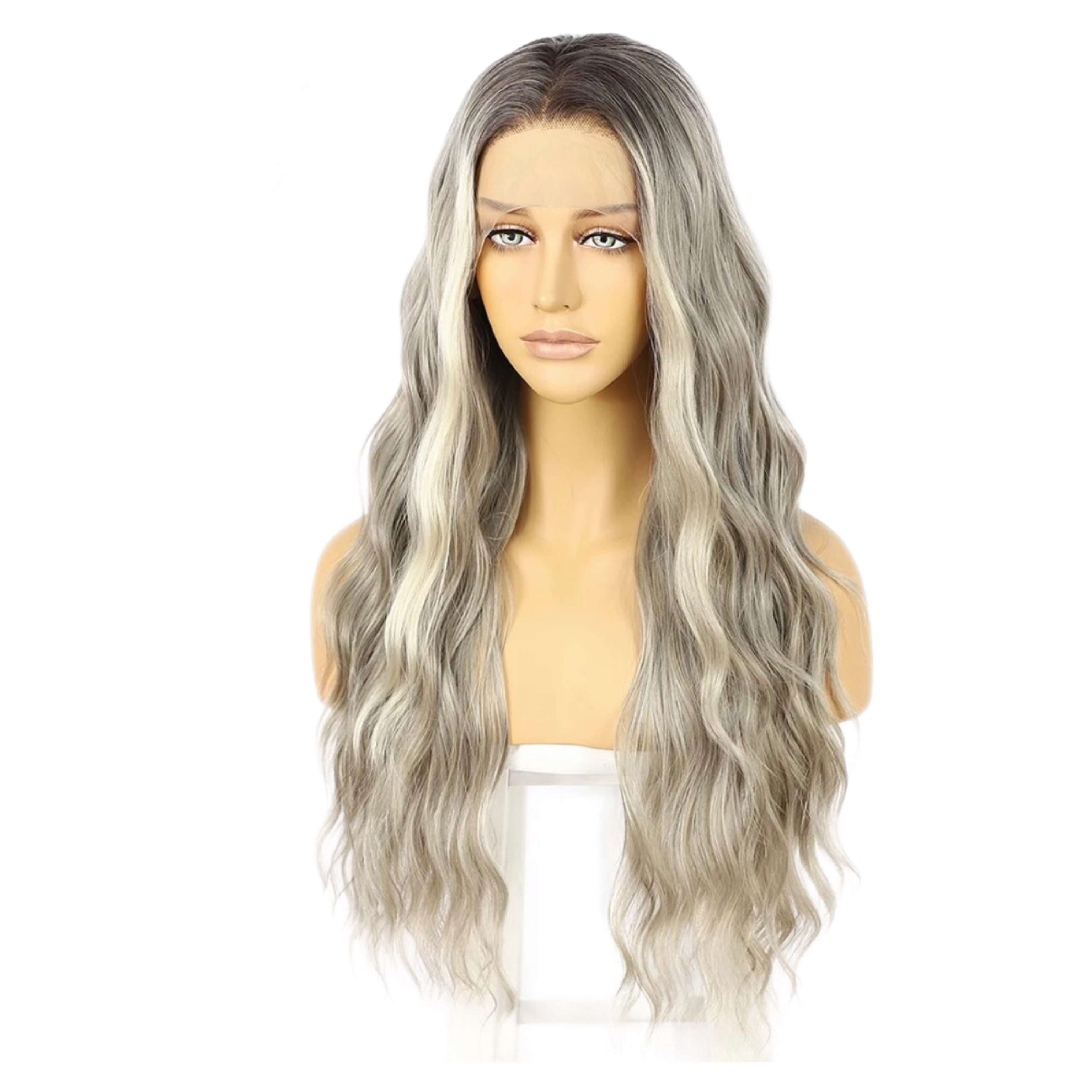 Sliver Blonde 13x3 Human Hair Blend Lace Front Wig for Women Long Body Wave Gray Ash White Ombre Grey Wig