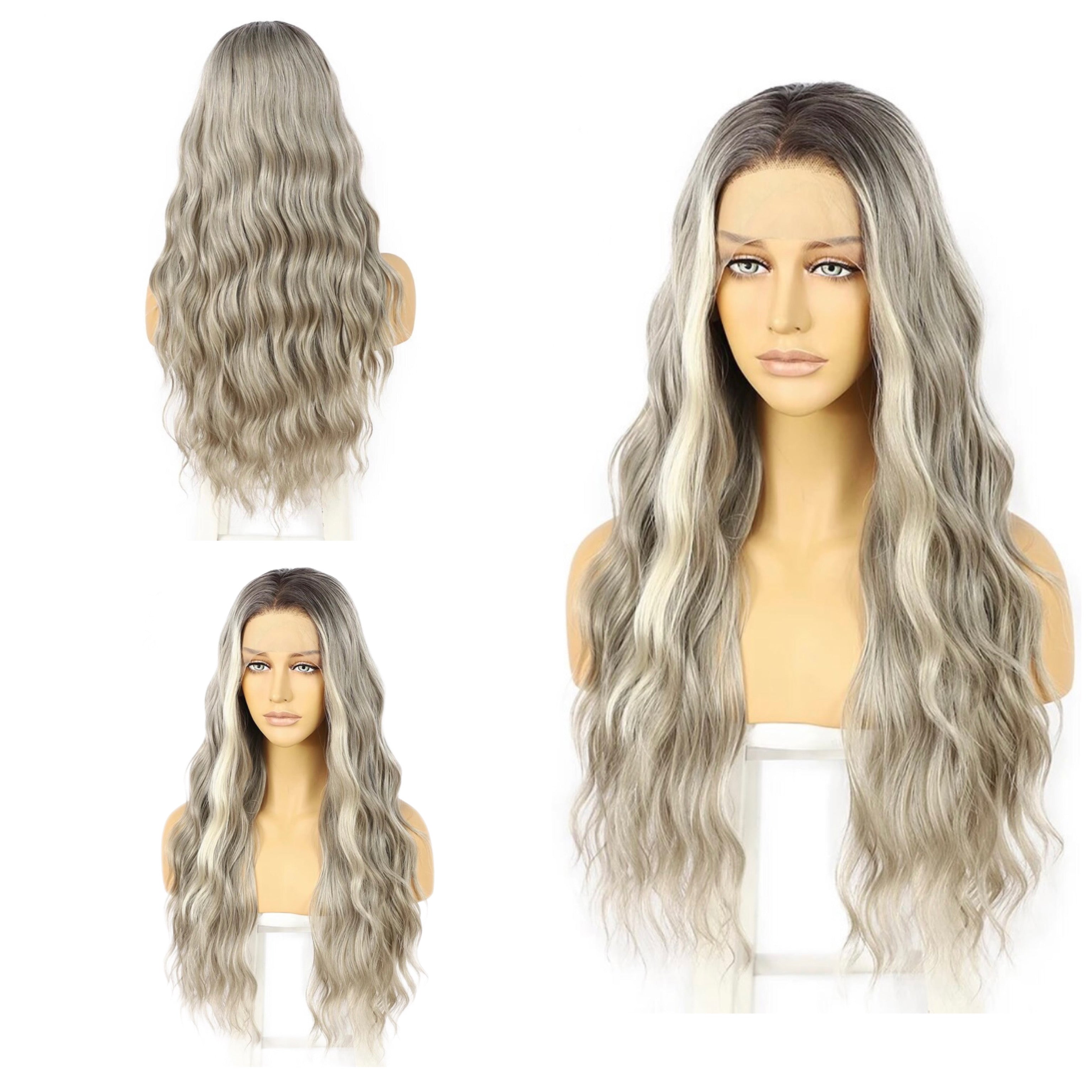 Sliver Blonde 13x3 Human Hair Blend Lace Front Wig for Women Long Body Wave Gray Ash White Ombre Grey Wig