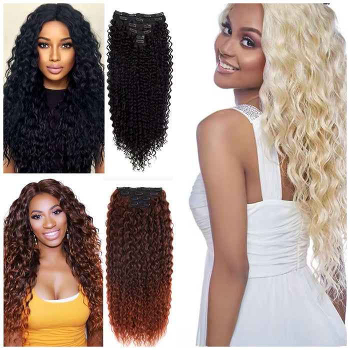 Curly Clip-In Hair Extension 4pcs Human Hair Blend Blonde Ombré Brown Full Head Hair Extensions