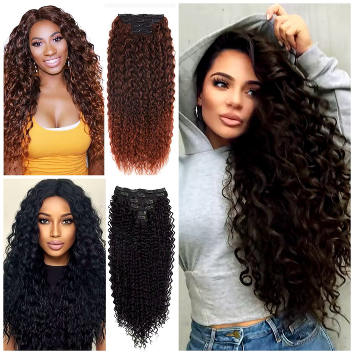 Curly Clip-In Hair Extension 4pcs Human Hair Blend Blonde Ombré Brown Full Head Hair Extensions