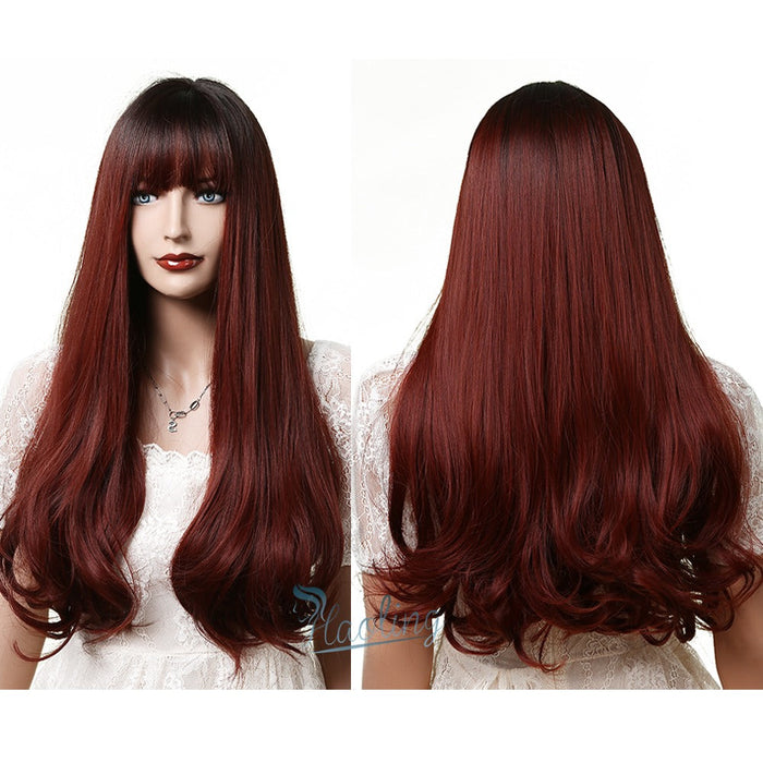 Layered Synthetic Long Straight Human Hir Wigs with Side Part Bangs