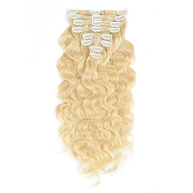 Blond hair 200 grams clip in curly hair extension double weft