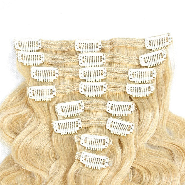 Blond hair 200 grams clip in curly hair extension double weft