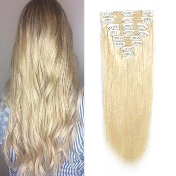 Blond hair 200 grams clip in curly hair extension double weft