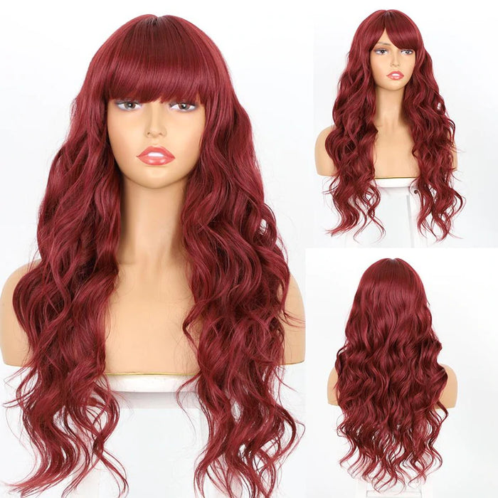 Ombre Red Long Body Wavy Natural Mini Lace Front Wigs with Bang