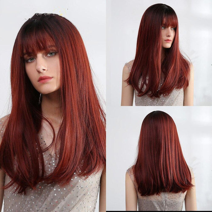 Long Straight Wine Red Wig With Bangs