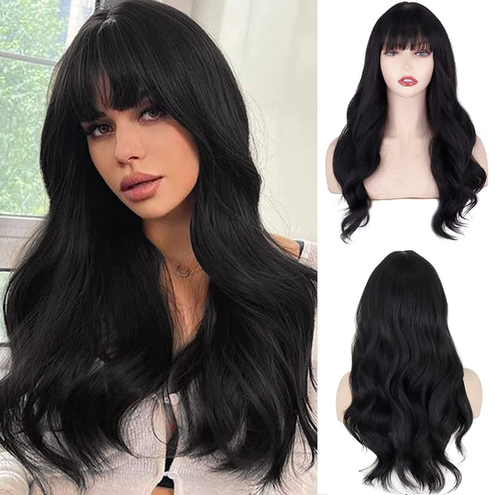 Long Wig with Bangs Synthetic Blond Wavy Wig for Women