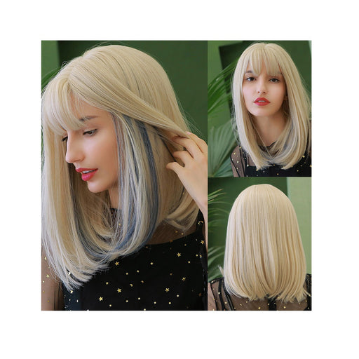 Medium Straight Synthetic Gold Dyed Blue Bangs Human Hair Wig