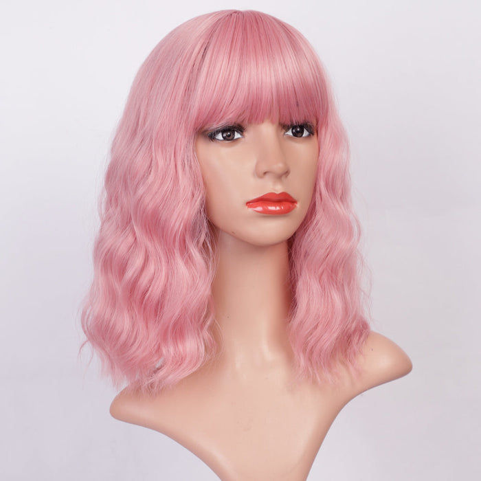 Ins Hot Pink Wavy Bob Wig with Bangs