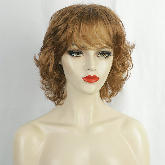 Ins Hot Brown Short Curly Wavy Wig Hair Bangs