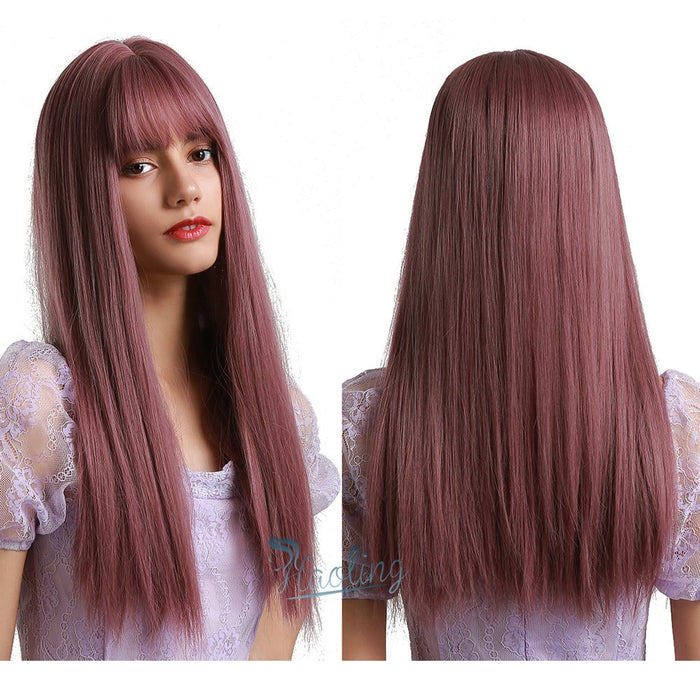 Layered Synthetic Long Straight Human Hir Wigs with Side Part Bangs