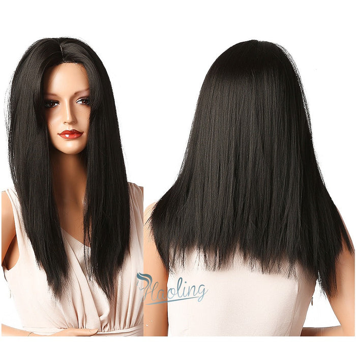 Layered Synthetic Long Straight Human Hir Wigs with Side Part Bangs