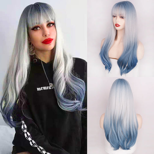 Ins Hot Ombre Blue Off-white with Bangs Natural Wave Pinup Wig