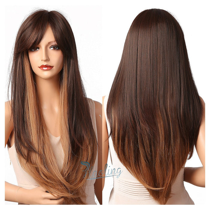 Layered Synthetic Long Straight Human Hir Wigs with Side Part Bangs