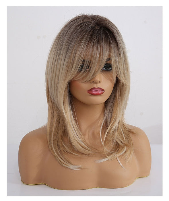 Medium Straight Synthetic with Bangs Soft Layered Human Hair Wig