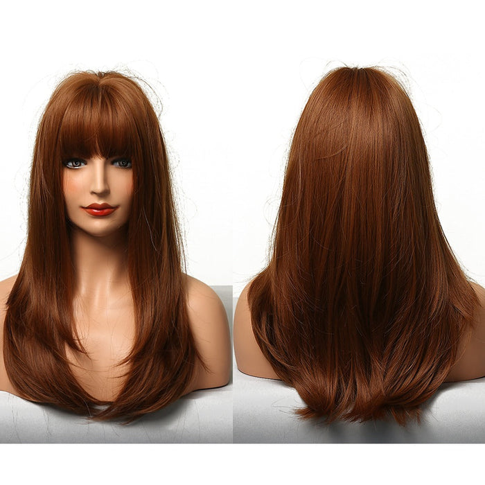 Long Silky Straight Synthetic Human Hir Wigs with Full Bangs