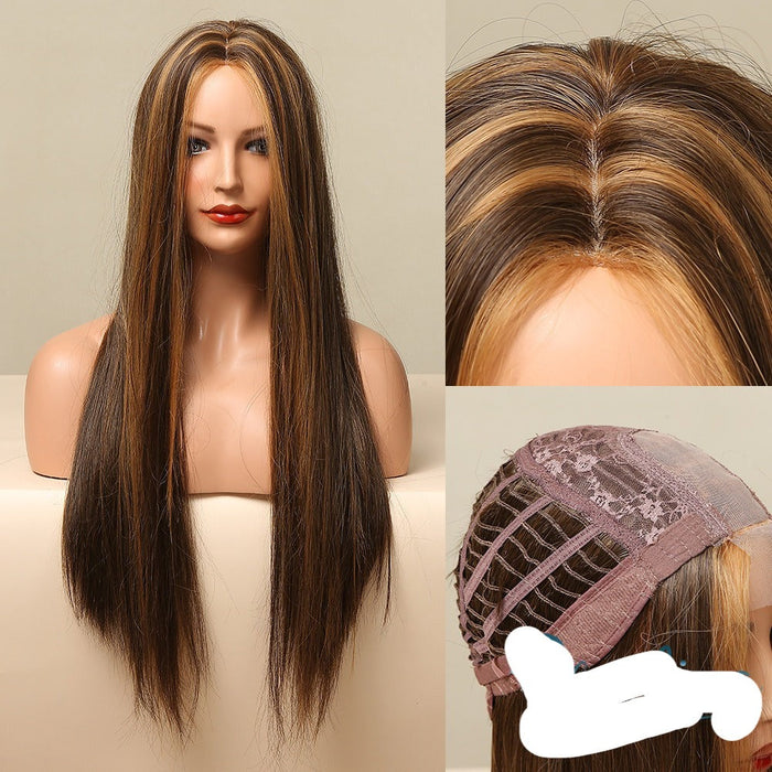 Long Straight Highlights Front Lace Synthetic Human Hair Wig