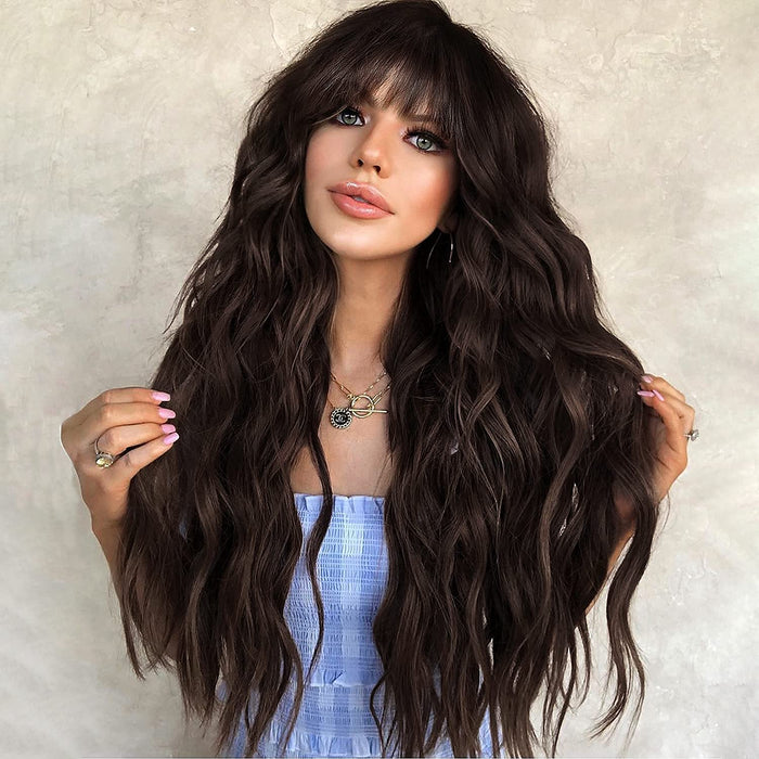 Ins Hot Long Curly Wavy Synthetic Hair Wigs with Bangs