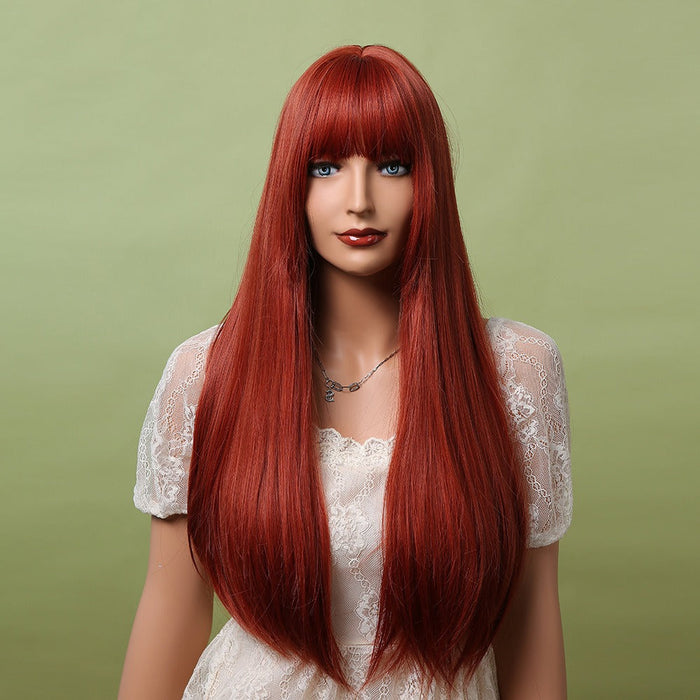 Long Silky Straight Synthetic Human Hir Wigs with Full Bangs