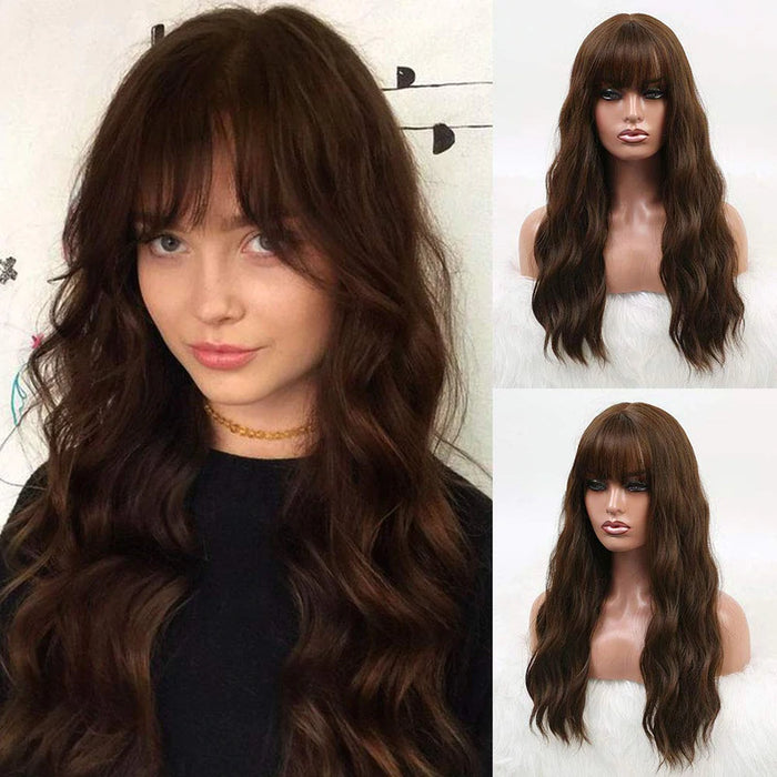 Vigorous Long Wig with Bangs Synthetic Black Wavy Wig for Women