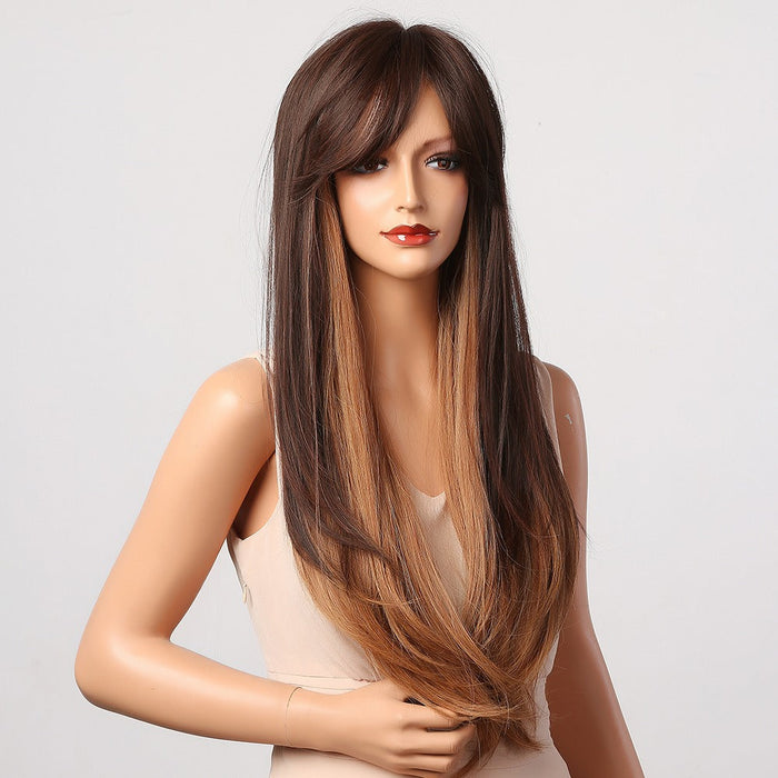 Layered Synthetic Long Straight Human Hir Wigs with Side Part Bangs