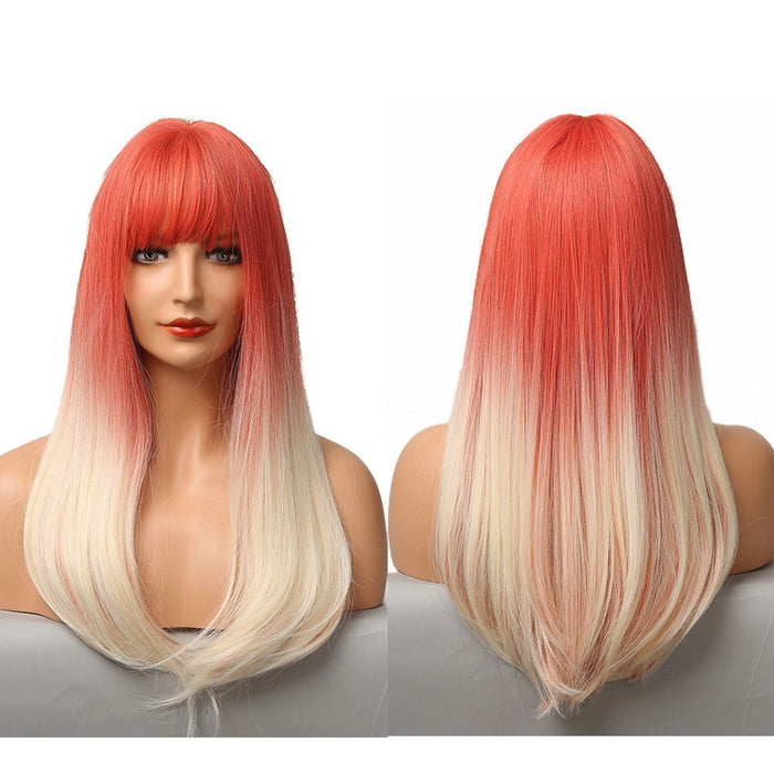 Long Silky Straight Synthetic Human Hir Wigs with Full Bangs