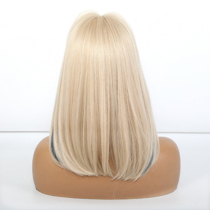 Medium Straight Synthetic Gold Dyed Blue Bangs Human Hair Wig