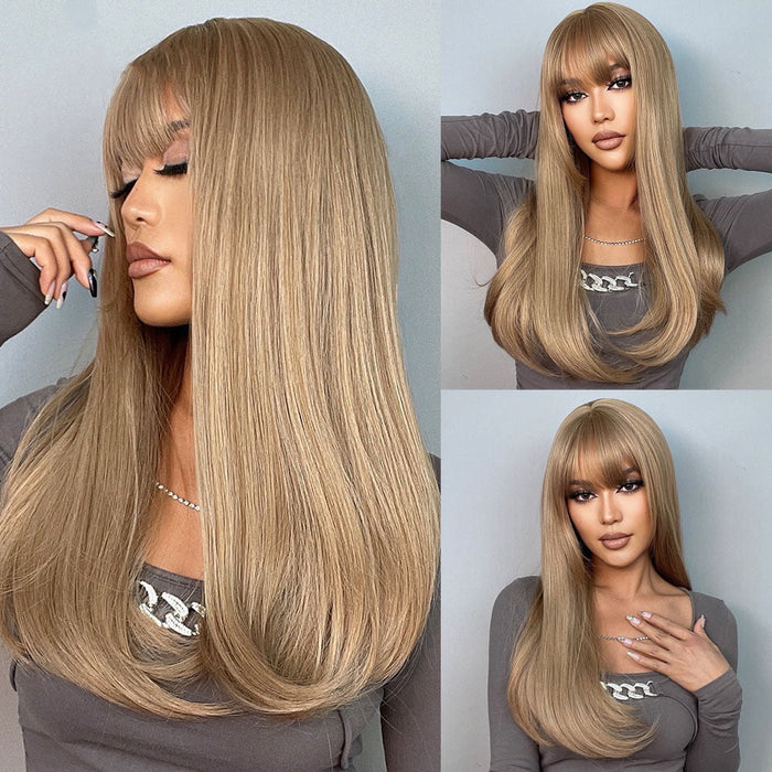 Silky Straight Heat Resistant Fiber Synthetic Human Hair Wigs with Bangs