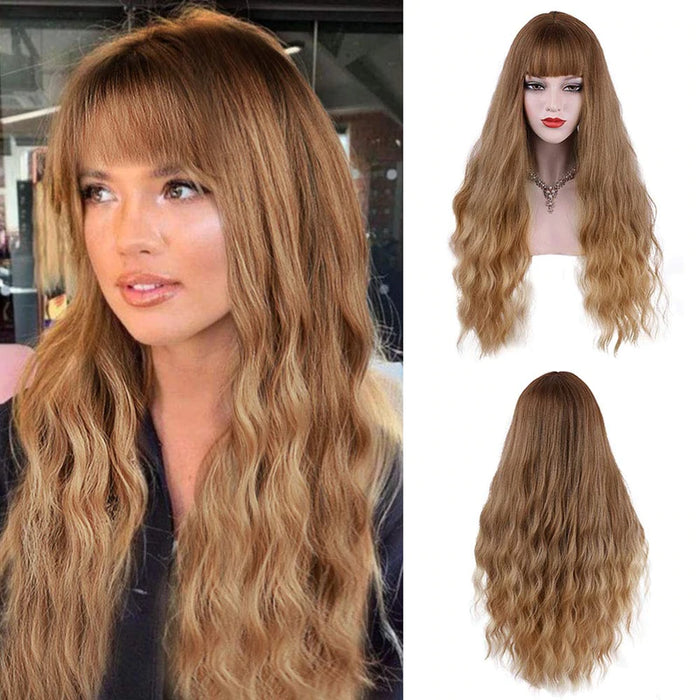 Vigorous Long Wig with Bangs Synthetic Black Wavy Wig for Women