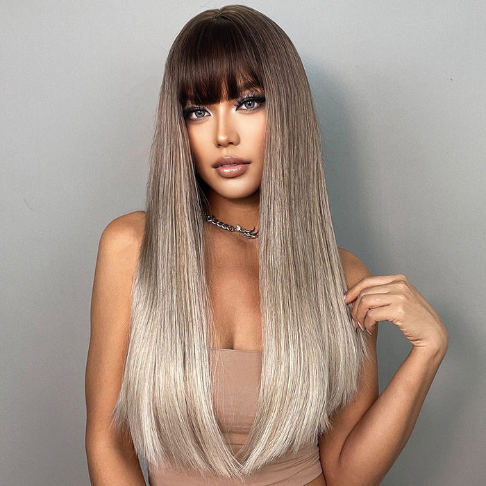 Silky Straight Heat Resistant Fiber Synthetic Human Hair Wigs with Bangs