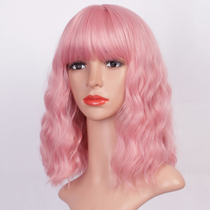 Ins Hot Pink Wavy Bob Wig with Bangs