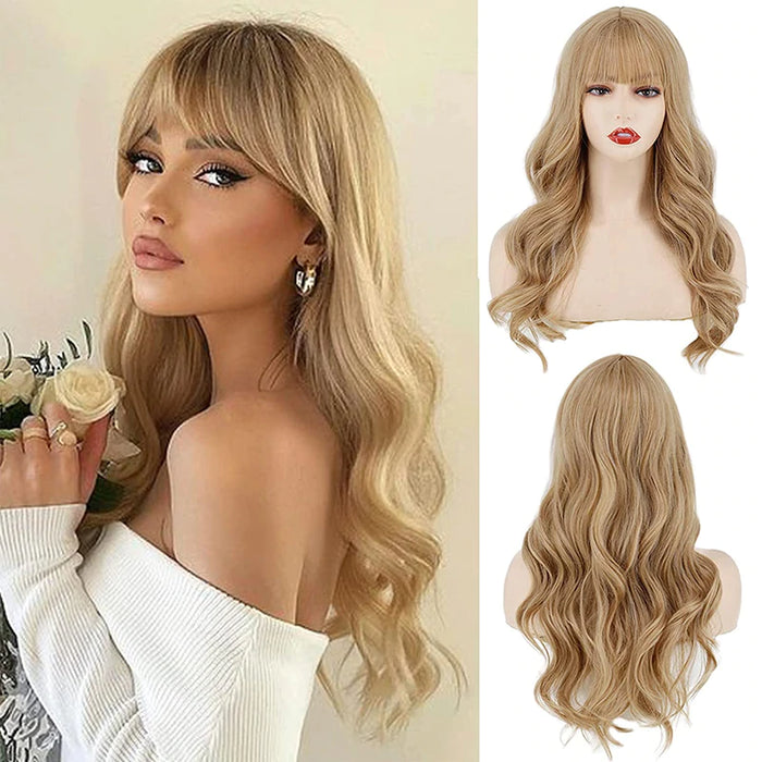 Long Wig with Bangs Synthetic Blond Wavy Wig for Women