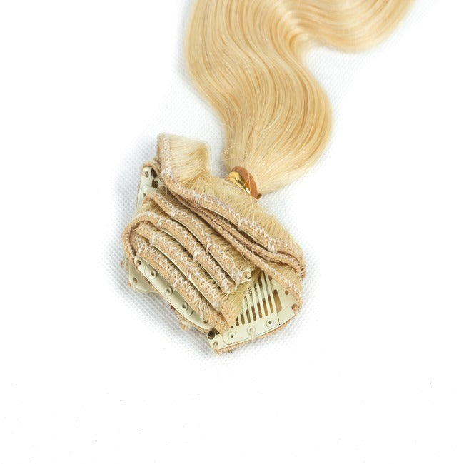 Clip in on hair extension, real clip in human hair piece blonde curly weave