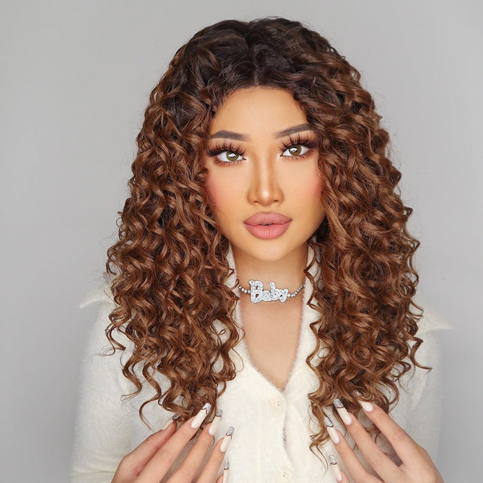 Medium Length Curly T Part Lace Front Human Hiar Wigs