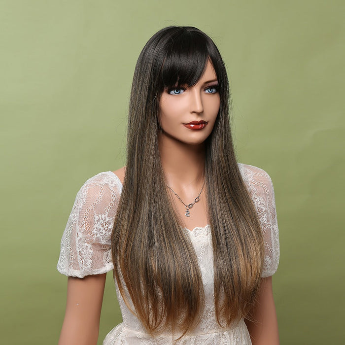 Long Silky Straight Synthetic Human Hir Wigs with Full Bangs