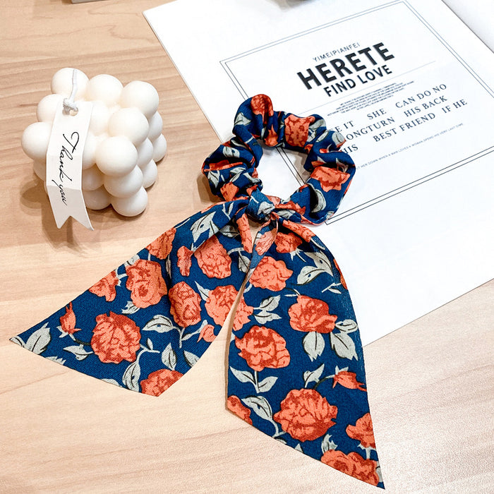 2022 retro 2pcs set hand tail bow knotted hair ties cloth fabric floral print scarf scrunchies with ribbon