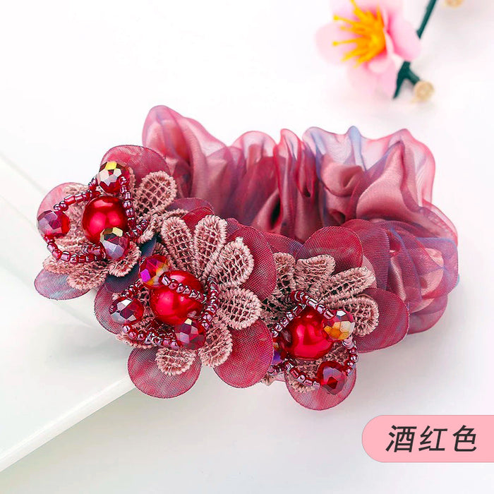 Luxury elegant hair accessories double layer organza hair band ponytail holder pearl rhinestone 3D floral designer scrunchies