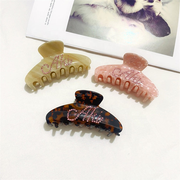 Custom logo personalized luxury big 10cm thick bun hair crystal rhinestone tortoise stripe cellulose acetate claw clip for women