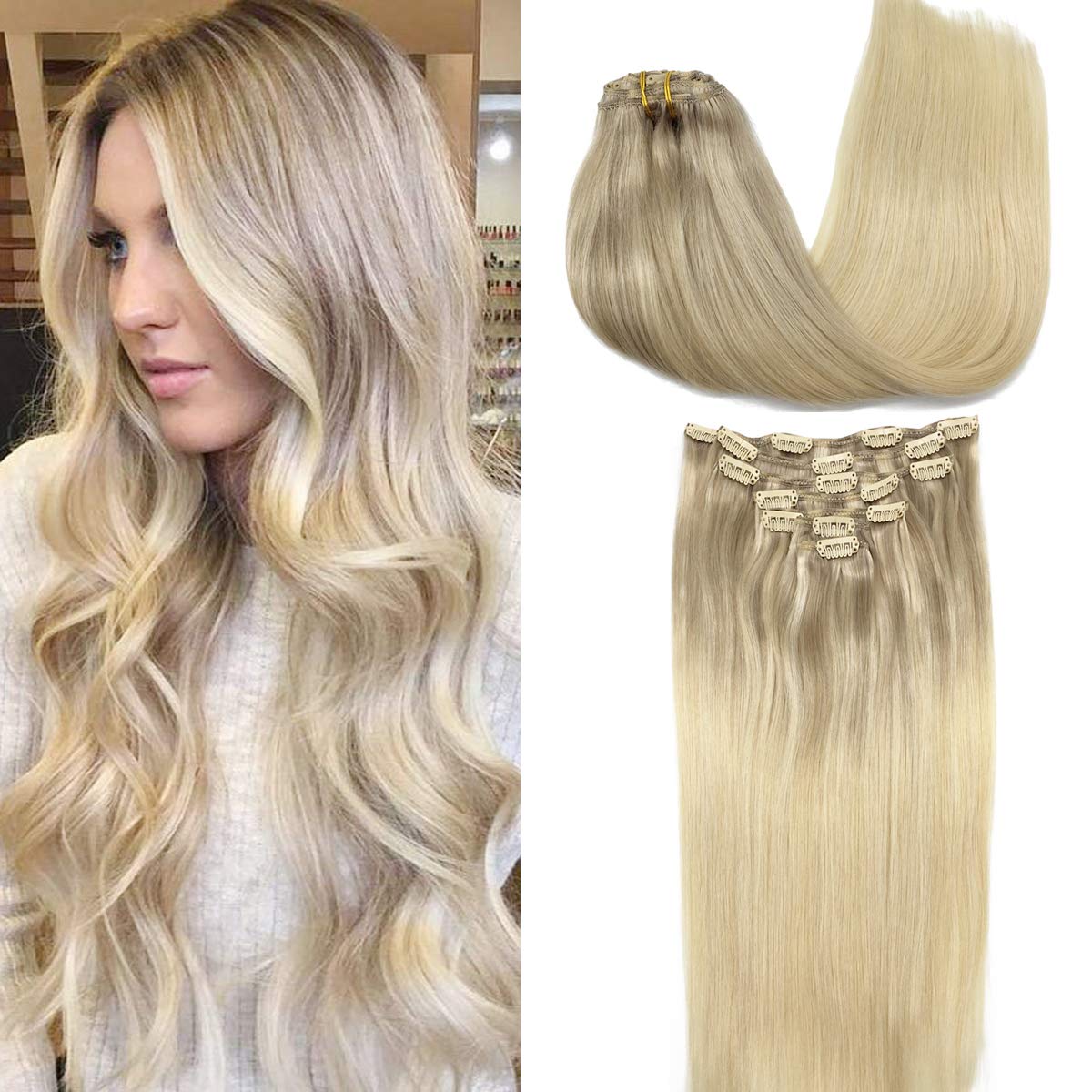 Clip-ins Extension Blonde Highlights Human Hair Blend Heat Resistant Hair Clip in Hair Extention Full Head 16 Clips/6 Pieces